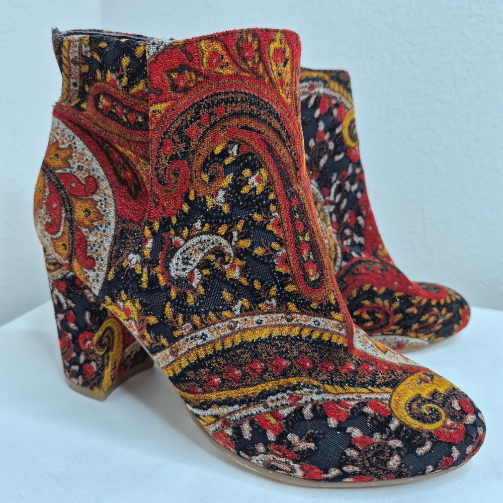 Diba London Paisley Tapestry Ankle Boots Red Gold Bohemian Block Heel Size 7